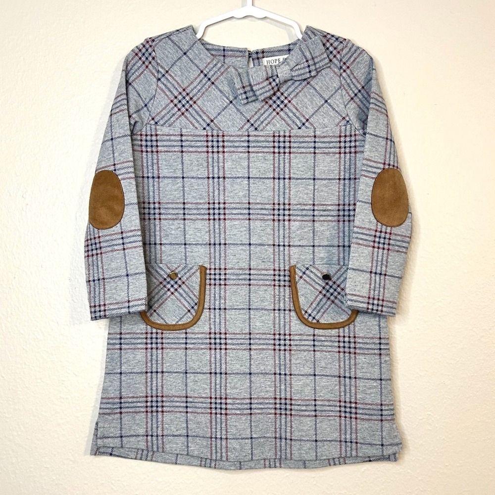 Hope & Henry Plaid Shift Dress Girls Size 3 Gray‎ Elbow Patches Bow Trim